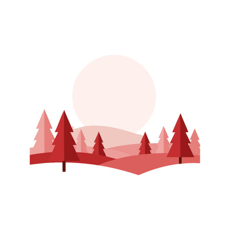 Vector illustration showing a red pine forest with rolling hills and a large sun in the background, creating a calm and warm mood.のイラスト素材