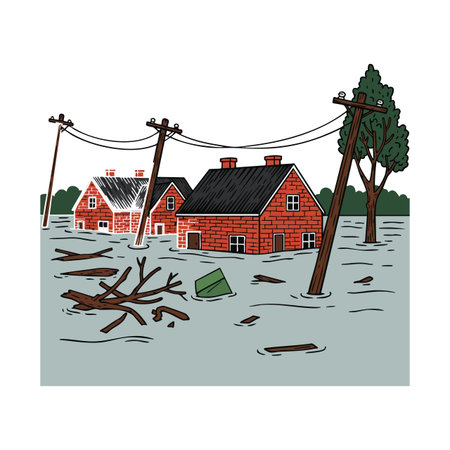 Illustration shows rural houses flooded with water, fallen trees, and tilted power poles, conveying disaster and destruction atmosphere.のイラスト素材