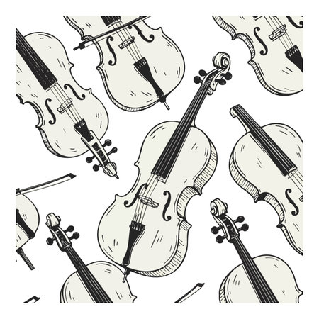 Vector seamless pattern featuring hand-drawn violins and bows arranged in a repeating classical music theme, creating a timeless artistic mood.のイラスト素材