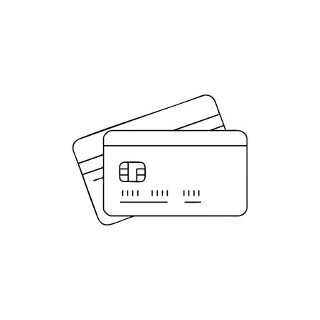 Vector image shows two credit cards with chip and magnetic stripe in simple line art style, representing payment and finance concept, minimalistic mood.のイラスト素材