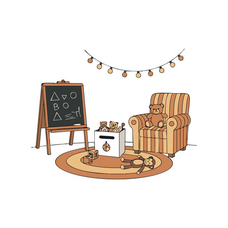 This vector shows a cozy children's playroom with teddy bears, an educational chalkboard, and a striped armchair in warm brown and beige tones. Calm atmosphere.のイラスト素材