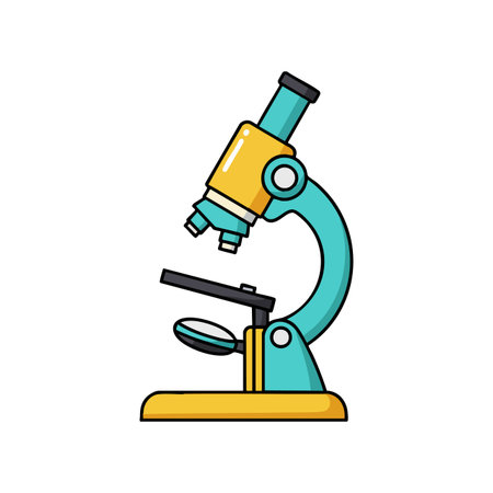 This vector illustration shows a teal and yellow microscope used for scientific research and study, designed in a clean and simple style. Educational mood.のイラスト素材