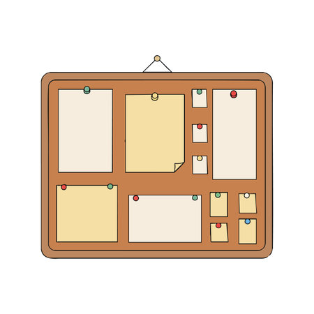 This vector shows a wooden notice board with various blank pinned notes, useful for reminders and organization in an office setting, calm and practical.のイラスト素材