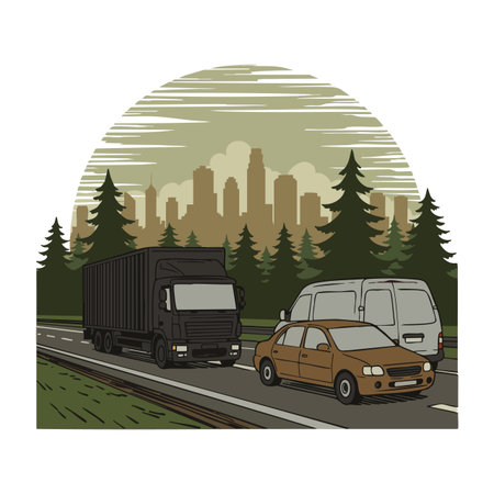 Vector shows cargo truck, brown car, and white van driving on highway with pine trees and city skyline in background, creating calm atmosphere.のイラスト素材