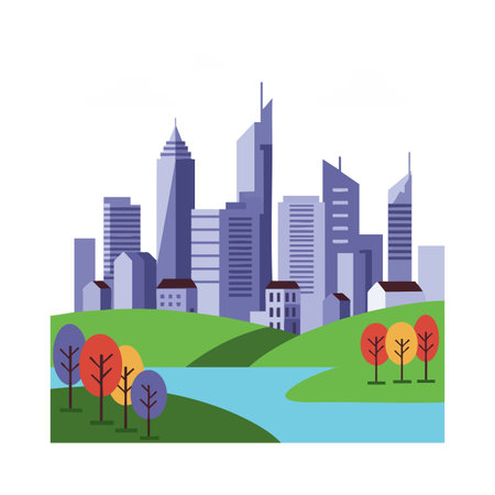 Vector illustration shows a modern city skyline with tall buildings beside a river and colorful autumn trees, creating a calm and peaceful scene.のイラスト素材