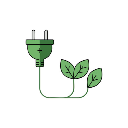 This vector shows a green electric plug connected to leaves symbolizing eco friendly energy and sustainability in a clean, minimal style. Calm.のイラスト素材