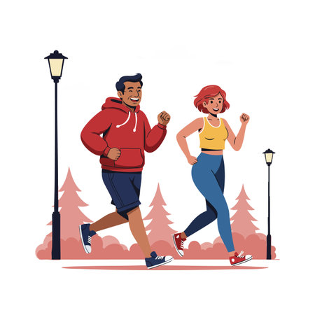 Illustration shows a man and woman jogging energetically on a path with lampposts and pine trees in the background, portraying healthy and active lifestyle mood.のイラスト素材