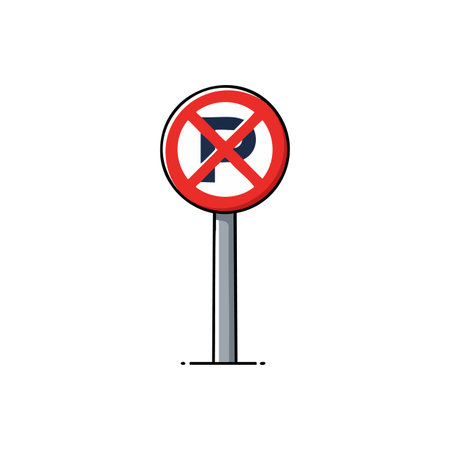 Vector image of a no parking sign featuring red cross and black letter P on white background mounted on a pole, clear and simple design, informative.のイラスト素材