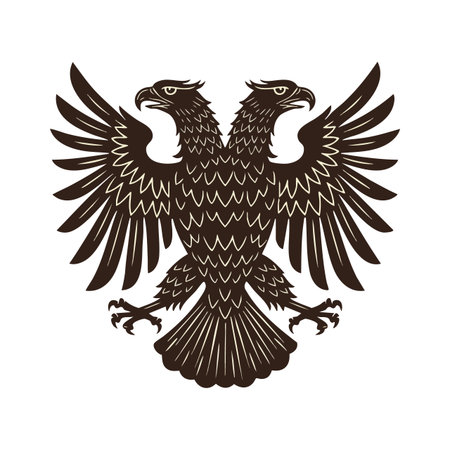 Vector image of a double headed eagle in dark brown color with spread wings, symbolizing power and authority in a classic style. Strong mood.のイラスト素材