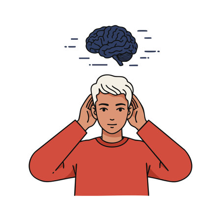 Illustration of a young man with white hair focusing on a floating brain symbol above him, symbolizing mental clarity and concentration. Calm mood.のイラスト素材