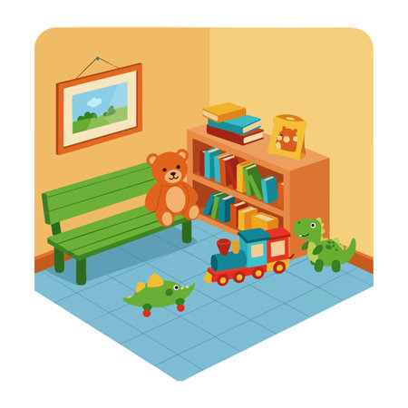 Vector illustration of a childrens playroom featuring a green bench, bookshelf with books, and colorful toys creating a warm playful atmosphere.のイラスト素材