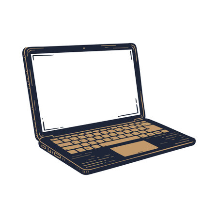 Illustration of a laptop with an open blank screen and detailed keyboard in a retro style, ideal for technology and digital themes, calm.のイラスト素材
