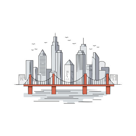 Vector illustration depicts city skyline with skyscrapers and red suspension bridge over water in a clean, minimalist style. Calm and modern.のイラスト素材