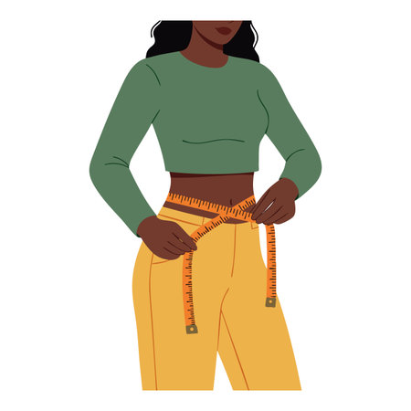 Illustration shows a woman measuring her waist with a tape, focusing on fitness and health goals, in calm and motivated mood.のイラスト素材