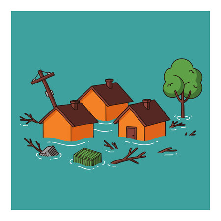 Vector shows three orange houses partially submerged in floodwater with scattered debris and a tree, depicting natural disaster and damage, serious mood.のイラスト素材