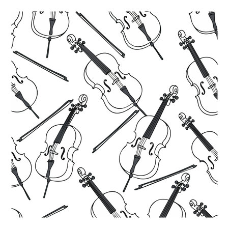 Repeating pattern of violins and bows in black and white, showing classic musical instruments with elegant simplicity, artistic and timeless.のイラスト素材