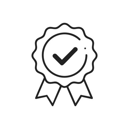 This vector illustration shows a black outlined award ribbon with a check mark symbol, representing quality, approval, and certification in a minimal style. Clean design, professional.のイラスト素材