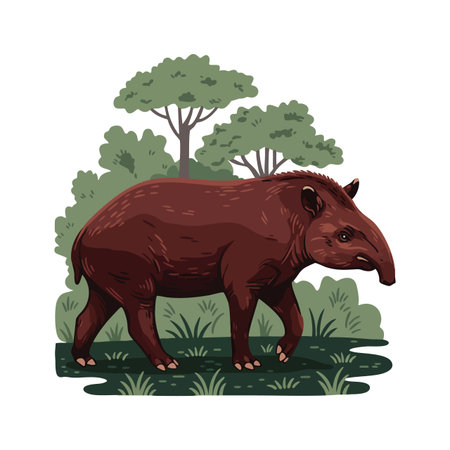 Vector illustration depicts a tapir walking in a forest with trees and bushes, showing natural wildlife in a calm and peaceful setting.のイラスト素材
