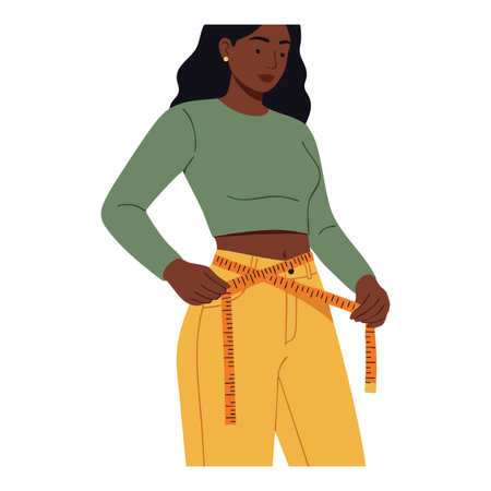 Illustration of a woman using a tape measure around her waist, symbolizing fitness, health tracking, and weight loss motivation, calm mood.のイラスト素材