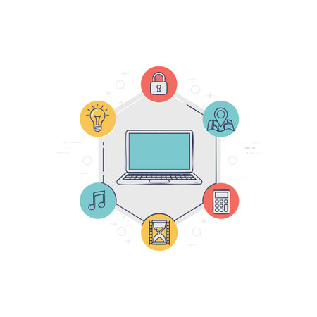 This vector shows a laptop with vibrant icons including lock, lightbulb, map marker, musical note, hourglass, and calculator, symbolizing technology and productivity, creative mood.のイラスト素材