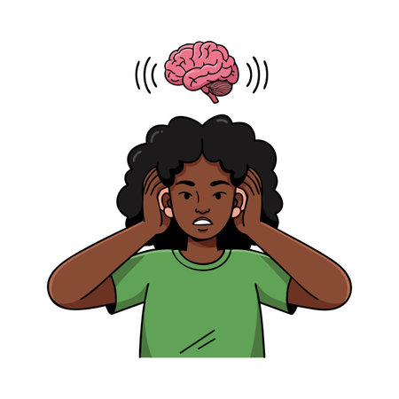 Illustration shows a young person with dark curly hair holding ears in distress with a pink brain above, representing mental overload and anxiety, calm mood.のイラスト素材