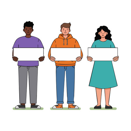 Illustration of diverse young people holding blank signs for messages, promoting communication and social awareness in a clear, friendly style, optimistic mood.のイラスト素材