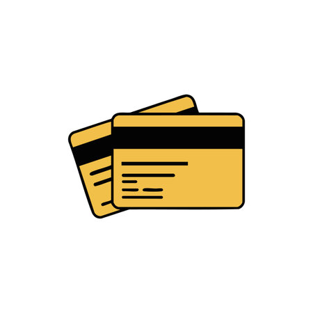 Two yellow and black credit cards stacked representing digital payment and financial transactions in a simple vector style, practical and clear. Calm.のイラスト素材