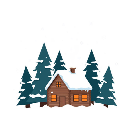 Vector shows a snowy wooden cabin surrounded by tall pine trees in a calm winter forest setting, conveying a peaceful mood.のイラスト素材