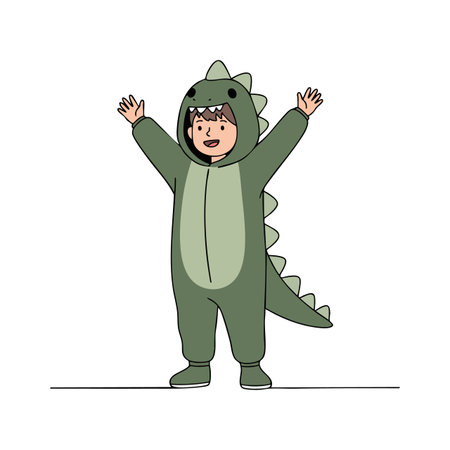 Child in green dinosaur costume stands with arms raised, smiling and expressing joy in a playful manner. Cheerful and lively mood.のイラスト素材