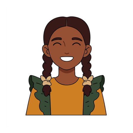 Illustration of a happy girl with braided hair smiling widely, wearing green and orange clothing, expressing joy and friendliness. Cheerful mood.のイラスト素材