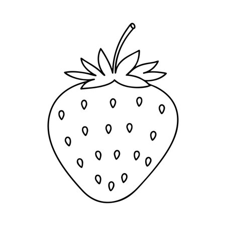 This vector features a simple black line art drawing of a strawberry fruit with seeds and leaves, showing natural freshness and simplicity. Cheerful.のイラスト素材
