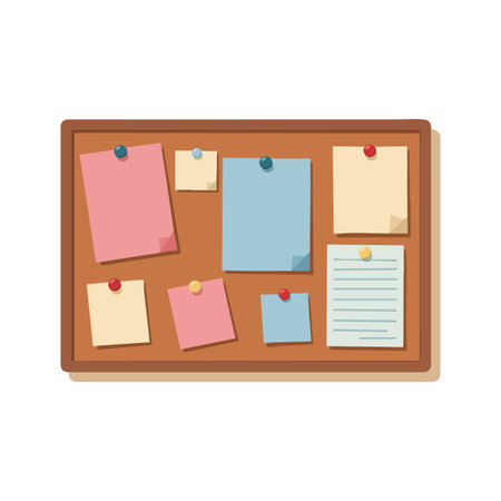 Vector shows a wooden bulletin board filled with multicolored sticky notes pinned by push pins, representing organization and planning, calm.のイラスト素材