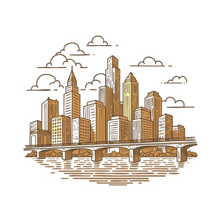 This vector illustration depicts an urban city skyline with a bridge crossing water under scattered clouds in sepia colors. The style is detailed and calm.のイラスト素材