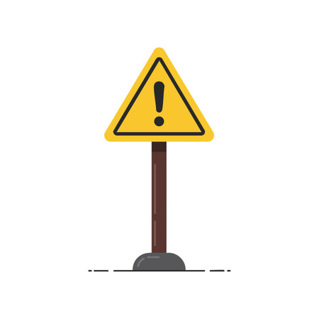 Illustration shows a yellow triangular warning sign with black exclamation mark mounted on a brown post standing on ground, simple and clear, cautionary mood.のイラスト素材
