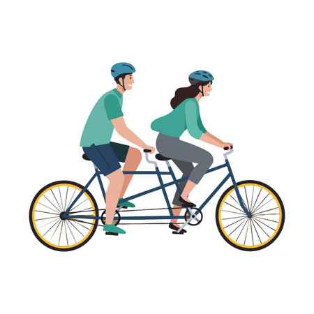 Man and woman ride a tandem bicycle together wearing helmets, promoting outdoor exercise and active lifestyle with a calm mood.のイラスト素材