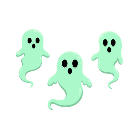 Illustration shows three green ghosts with surprised faces floating on white background for Halloween theme in playful style. Cheerful mood.のイラスト素材