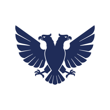 Vector image of a double-headed eagle with spread wings in dark blue, representing strength and power, designed with sharp clean lines, bold style, minimalistic and elegant mood.のイラスト素材