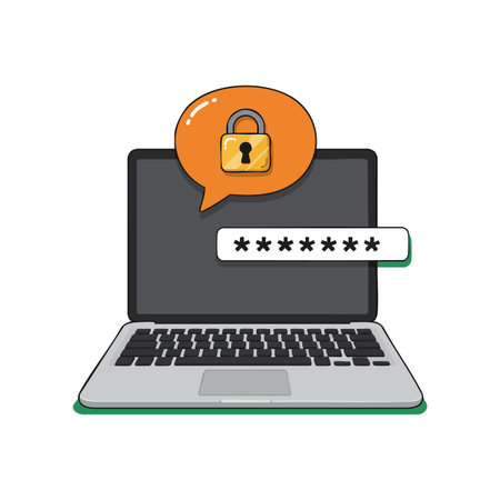 Vector image of a laptop screen displaying a password field with a padlock icon symbolizing security and privacy in digital communication. Secure and cautious mood.のイラスト素材