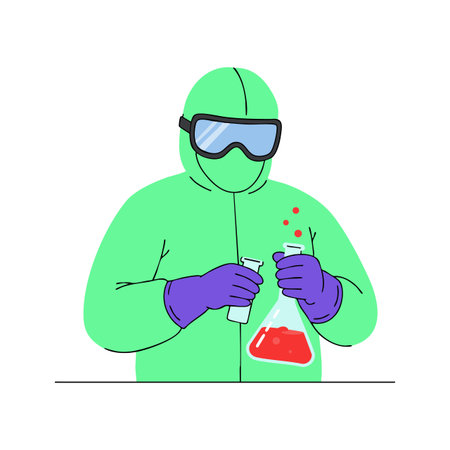 Scientist wearing green protective suit and purple gloves handling red chemical liquids in flasks, conducting experiment with focus and care. Professional mood.のイラスト素材