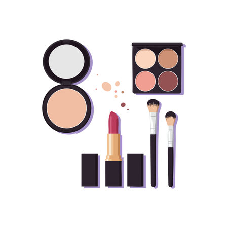 Vector image showing a makeup set including lipstick, powder compact, eyeshadow palette, and brushes arranged neatly for beauty use and professional makeup. Elegant.のイラスト素材