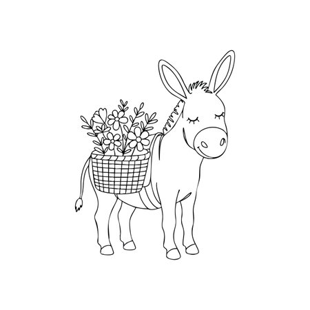 This vector depicts a calm donkey carrying a basket filled with flowers in a simple line art style suitable for coloring and creative use. Calm mood.のイラスト素材
