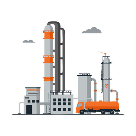 Vector illustration shows an industrial chemical plant with fuel tanker and storage tanks under a cloudy sky, conveying efficiency and industry. Calm.のイラスト素材