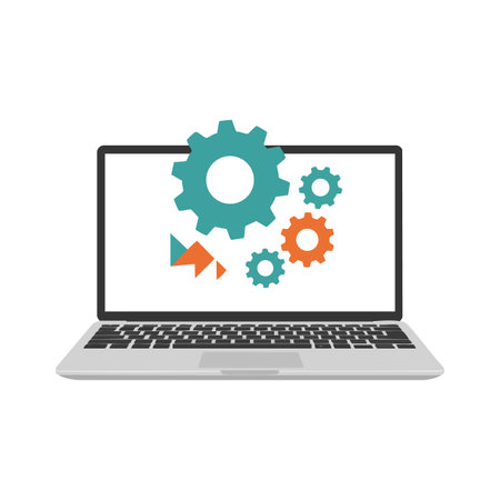 Illustration shows a laptop displaying colorful gears representing technology, software, and development in a clean flat style. Modern and professional mood.のイラスト素材