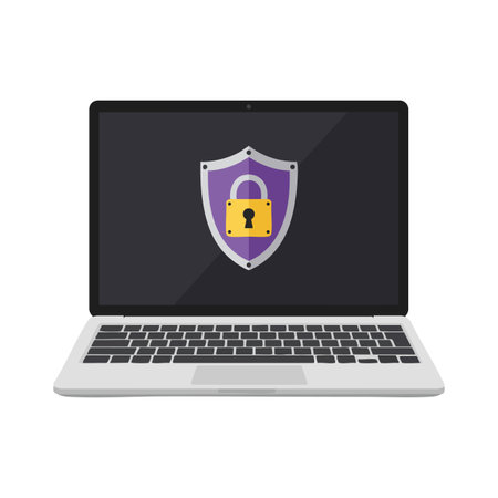 Laptop displays a purple shield with a yellow locked padlock, representing cybersecurity and data...