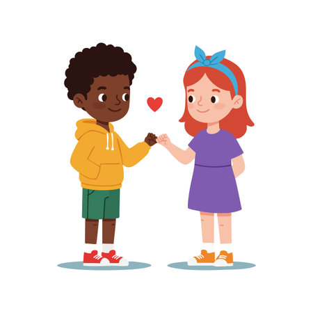 Vector shows a boy and girl giving a fist bump with a heart symbol above, depicting friendship and affection in a cheerful mood.のイラスト素材