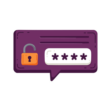 Illustration shows a purple chat bubble containing a password field with asterisks and an orange unlocked padlock symbol, conveying access or vulnerability. Modern and digital mood.のイラスト素材
