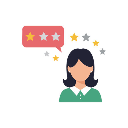 Woman character shows a speech bubble with star rating, symbolizing review or feedback in a simple flat design style. Calm mood.のイラスト素材