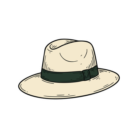Vector illustration of a Panama hat with a green band representing a stylish summer accessory in a classic design. Casual and elegant mood.のイラスト素材
