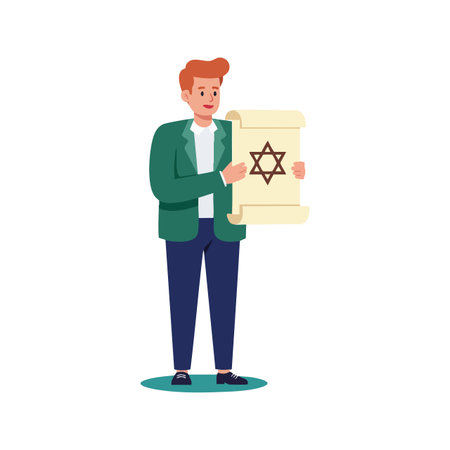 A man stands holding an ancient scroll displaying the Star of David symbol representing Jewish culture and religion in a clear vector style. Calm mood.のイラスト素材