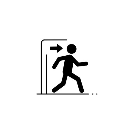 Simple black exit sign vector shows person walking through door with arrow pointing right indicating direction calmのイラスト素材